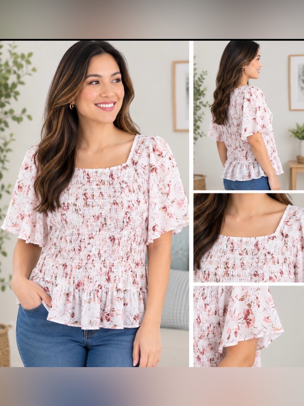 Kaari Blue White Tropical Ruffle Blouse Wrinkle Free XL